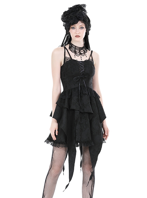 Sexy Black Woven Patchwork Lace Ruffled Chest Criss Cross Straps And Gothic Style Strapless Sleeveless Dress