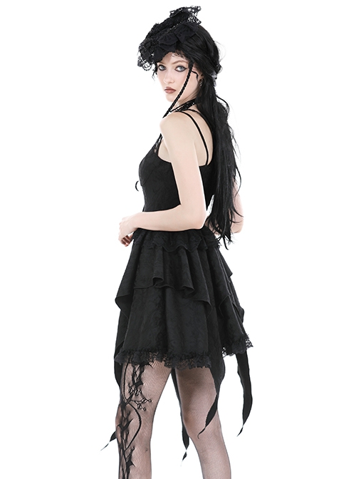 Sexy Black Woven Patchwork Lace Ruffled Chest Criss Cross Straps And Gothic Style Strapless Sleeveless Dress
