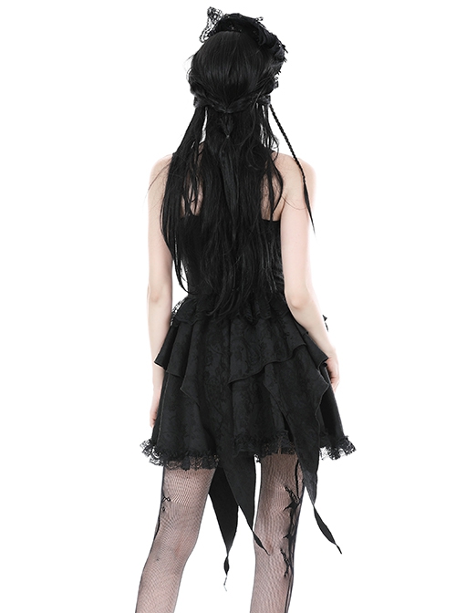 Sexy Black Woven Patchwork Lace Ruffled Chest Criss Cross Straps And Gothic Style Strapless Sleeveless Dress