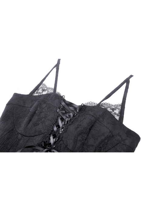 Sexy Black Woven Patchwork Lace Ruffled Chest Criss Cross Straps And Gothic Style Strapless Sleeveless Dress