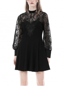 Black Sexy Woven Patchwork Lace Printed Back Hollow Gothic Style Long Sleeved See Through Dress
