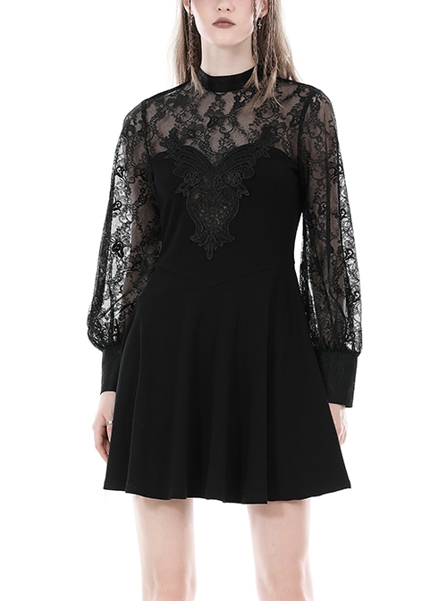 Black Sexy Woven Patchwork Lace Printed Back Hollow Gothic Style Long Sleeved See Through Dress