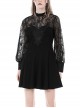 Black Sexy Woven Patchwork Lace Printed Back Hollow Gothic Style Long Sleeved See Through Dress