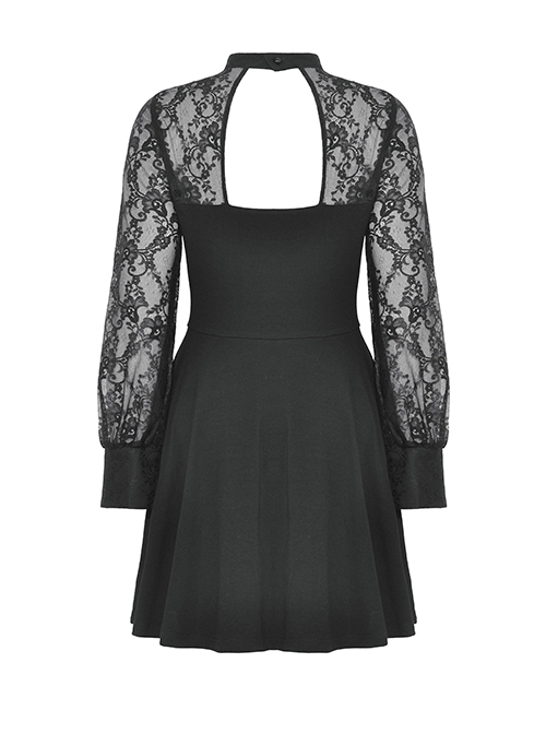Black Sexy Woven Patchwork Lace Printed Back Hollow Gothic Style Long Sleeved See Through Dress
