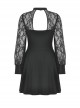 Black Sexy Woven Patchwork Lace Printed Back Hollow Gothic Style Long Sleeved See Through Dress