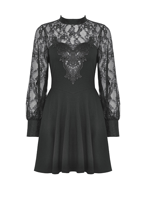 Black Sexy Woven Patchwork Lace Printed Back Hollow Gothic Style Long Sleeved See Through Dress
