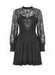 Black Sexy Woven Patchwork Lace Printed Back Hollow Gothic Style Long Sleeved See Through Dress