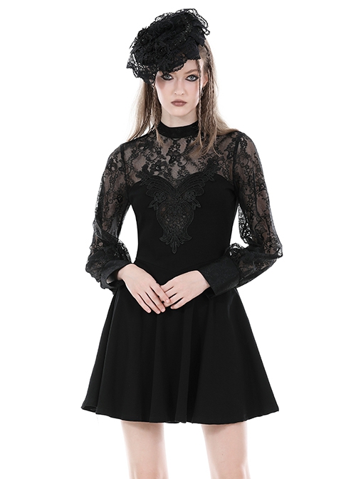 Black Sexy Woven Patchwork Lace Printed Back Hollow Gothic Style Long Sleeved See Through Dress
