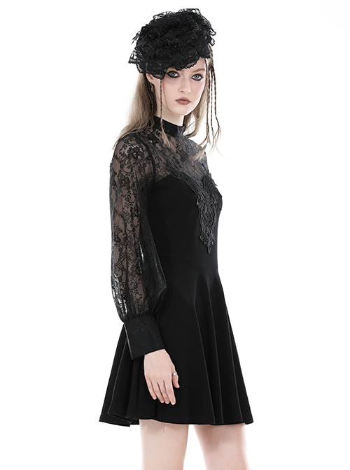 Black Sexy Woven Patchwork Lace Printed Back Hollow Gothic Style Long Sleeved See Through Dress