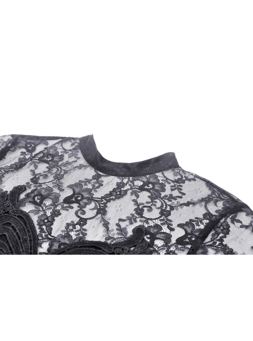 Black Sexy Woven Patchwork Lace Printed Back Hollow Gothic Style Long Sleeved See Through Dress