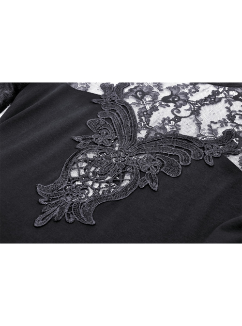Black Sexy Woven Patchwork Lace Printed Back Hollow Gothic Style Long Sleeved See Through Dress