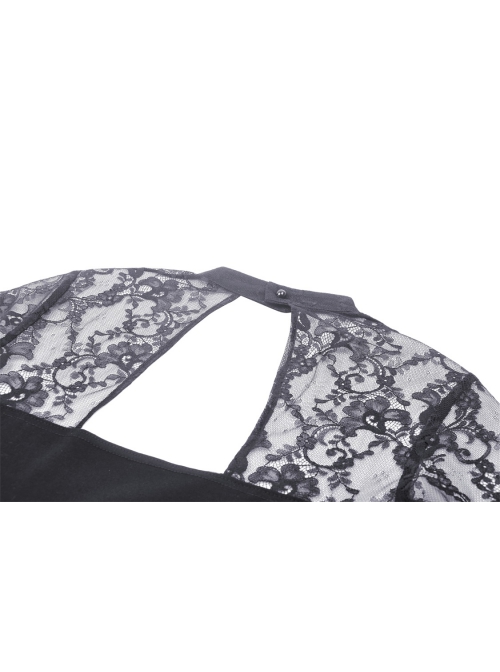 Black Sexy Woven Patchwork Lace Printed Back Hollow Gothic Style Long Sleeved See Through Dress