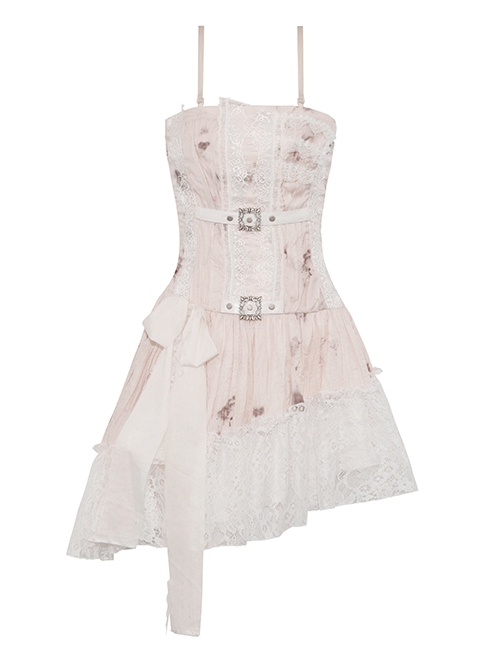 Asymmetrical White Printed Tie Dye With Adjustable Straps Punk Style Lace Dress