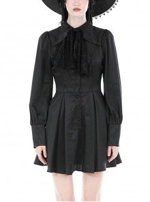 Simple Black Woven Lapel Lace Webbing Decoration With Buttons Gothic Style Long Sleeved Dress