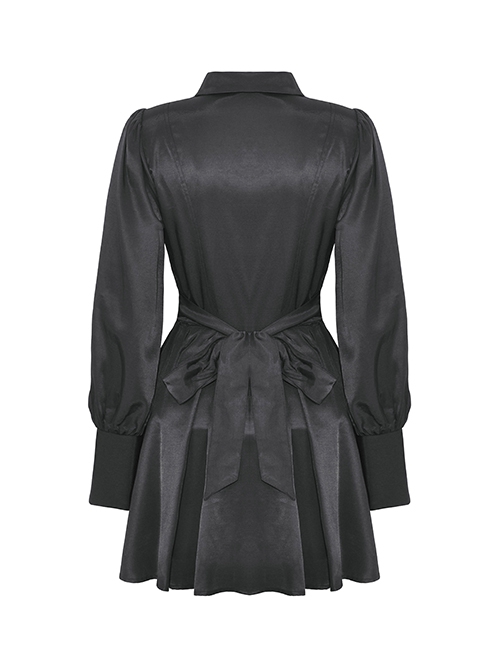 Simple Black Woven Lapel Lace Webbing Decoration With Buttons Gothic Style Long Sleeved Dress