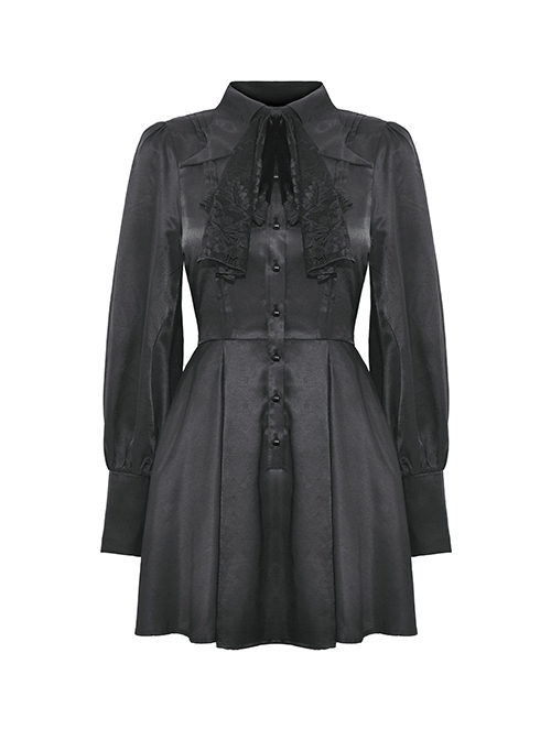 Simple Black Woven Lapel Lace Webbing Decoration With Buttons Gothic Style Long Sleeved Dress