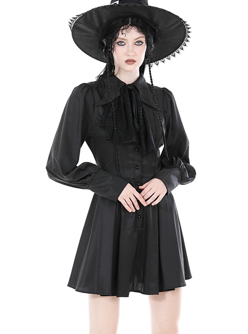 Simple Black Woven Lapel Lace Webbing Decoration With Buttons Gothic Style Long Sleeved Dress