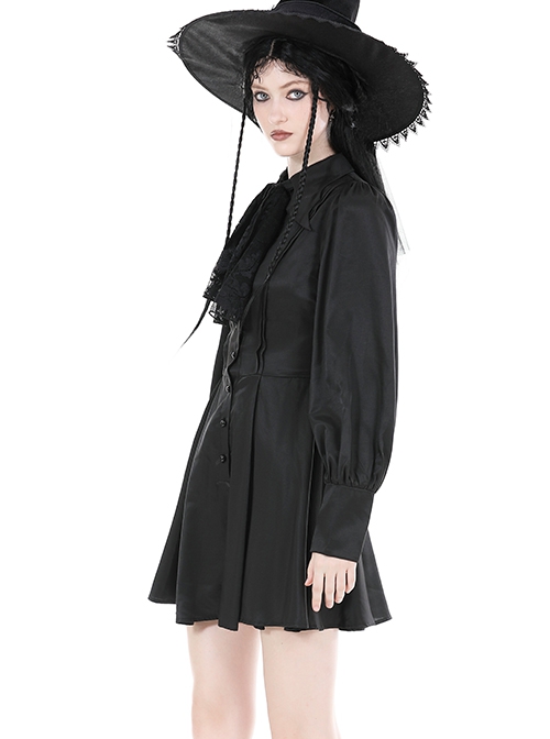 Simple Black Woven Lapel Lace Webbing Decoration With Buttons Gothic Style Long Sleeved Dress