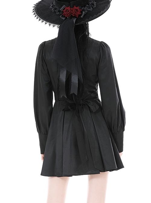 Simple Black Woven Lapel Lace Webbing Decoration With Buttons Gothic Style Long Sleeved Dress