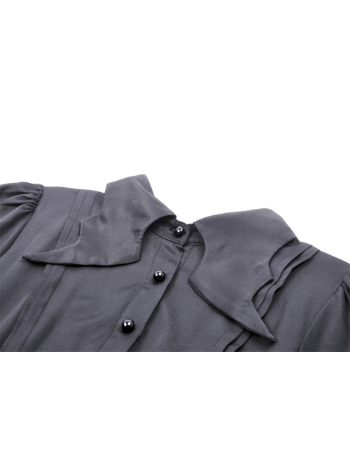 Simple Black Woven Lapel Lace Webbing Decoration With Buttons Gothic Style Long Sleeved Dress