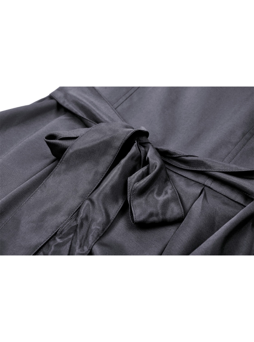 Simple Black Woven Lapel Lace Webbing Decoration With Buttons Gothic Style Long Sleeved Dress