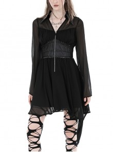 Black Flowing Two Piece See Through Mesh Punk Style Wide Sleeved Dress