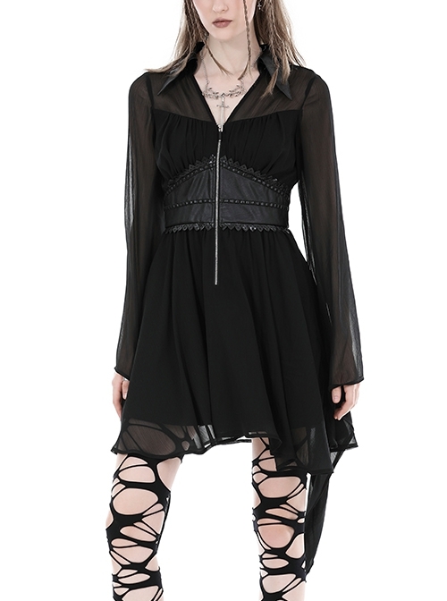 Black Flowing Two Piece See Through Mesh Punk Style Wide Sleeved Dress