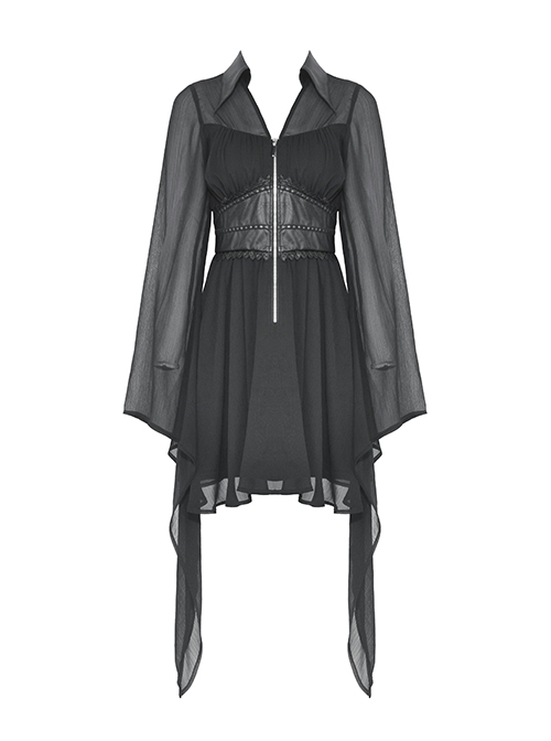 Black Flowing Two Piece See Through Mesh Punk Style Wide Sleeved Dress