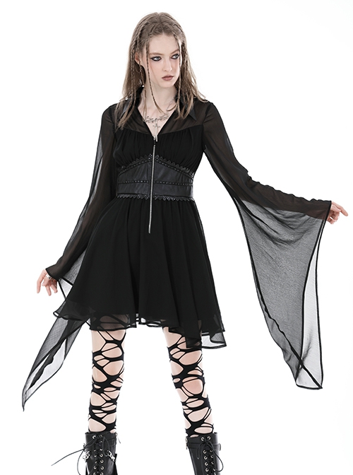 Black Flowing Two Piece See Through Mesh Punk Style Wide Sleeved Dress