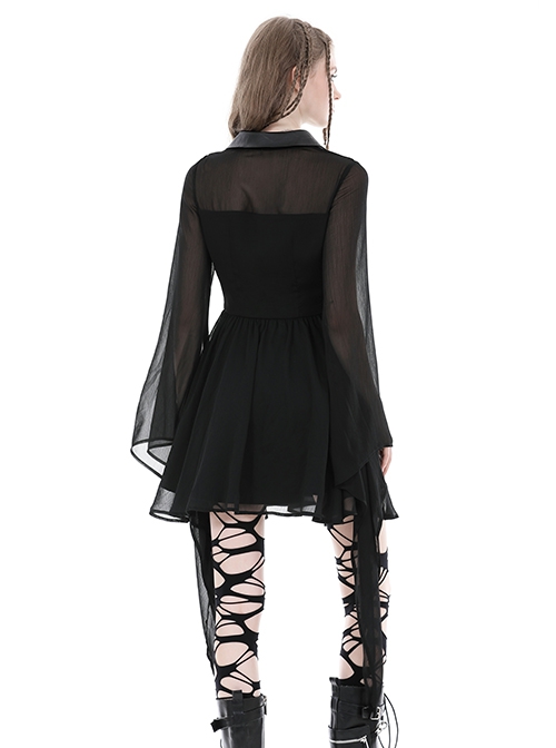 Black Flowing Two Piece See Through Mesh Punk Style Wide Sleeved Dress