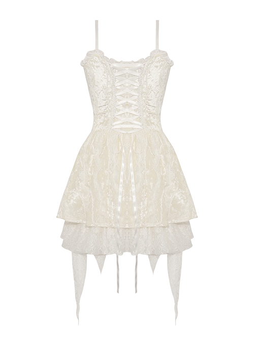 Sexy White Velvet Front And Back Adjustable Tie Punk Style Sleeveless Suspender Dress