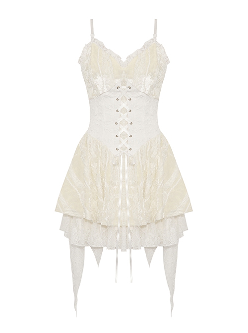 Sexy White Velvet Front And Back Adjustable Tie Punk Style Sleeveless Suspender Dress