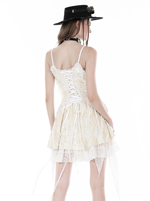 Sexy White Velvet Front And Back Adjustable Tie Punk Style Sleeveless Suspender Dress