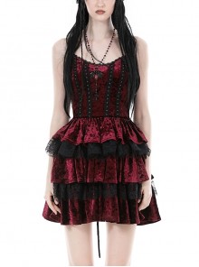 Red Velvet Material With Sexy Lace Ruffles And Gothic Style Strapless Sleeveless Dress