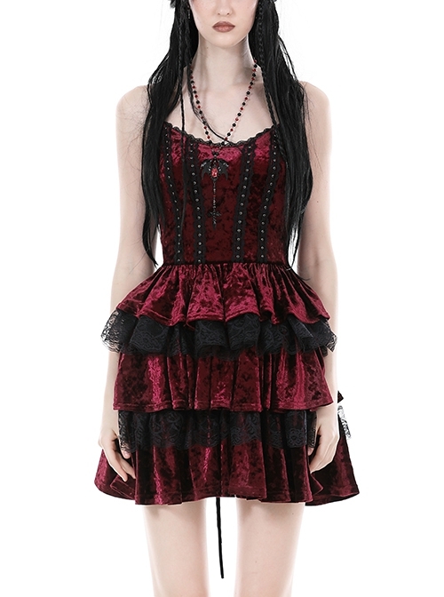 Red Velvet Material With Sexy Lace Ruffles And Gothic Style Strapless Sleeveless Dress