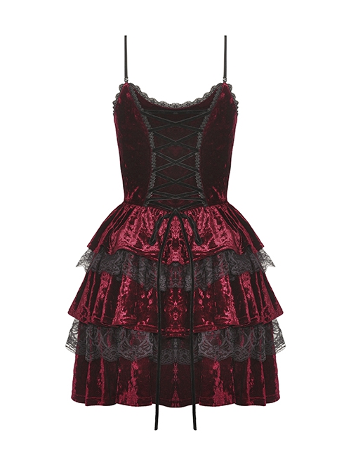 Red Velvet Material With Sexy Lace Ruffles And Gothic Style Strapless Sleeveless Dress
