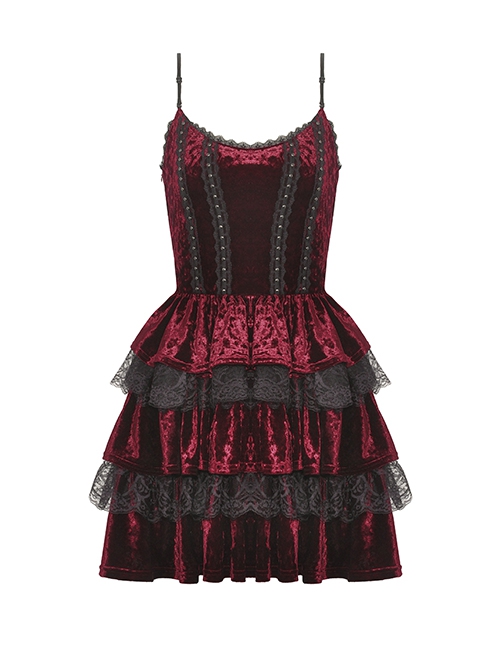 Red Velvet Material With Sexy Lace Ruffles And Gothic Style Strapless Sleeveless Dress