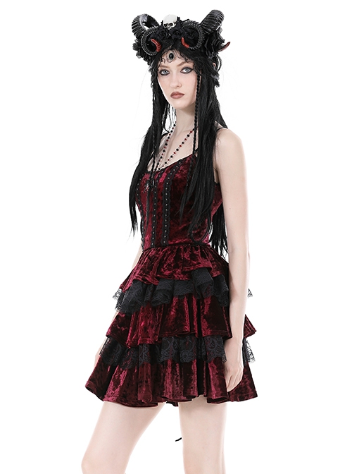 Red Velvet Material With Sexy Lace Ruffles And Gothic Style Strapless Sleeveless Dress