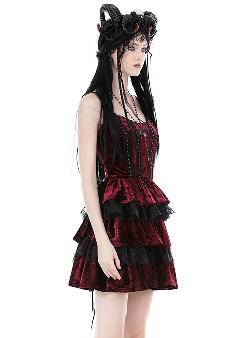 Red Velvet Material With Sexy Lace Ruffles And Gothic Style Strapless Sleeveless Dress