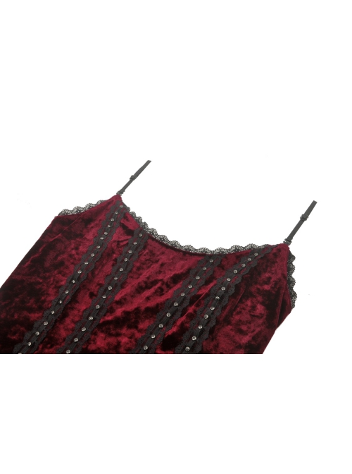 Red Velvet Material With Sexy Lace Ruffles And Gothic Style Strapless Sleeveless Dress