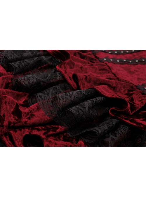 Red Velvet Material With Sexy Lace Ruffles And Gothic Style Strapless Sleeveless Dress