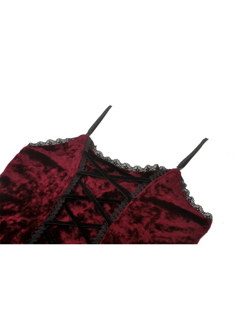 Red Velvet Material With Sexy Lace Ruffles And Gothic Style Strapless Sleeveless Dress