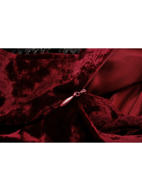 Red Velvet Material With Sexy Lace Ruffles And Gothic Style Strapless Sleeveless Dress