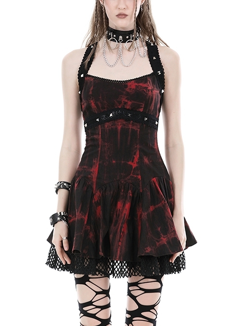 Sexy Lace Suspender Black And Red Tie Dyed Adjustable Strap Punk Style Rock Dress