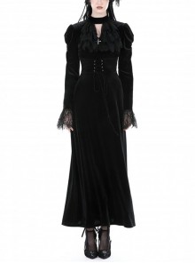 Black Soft Velvet With Metal Cross On The Chest Gothic Waist Long Sleeved Dress