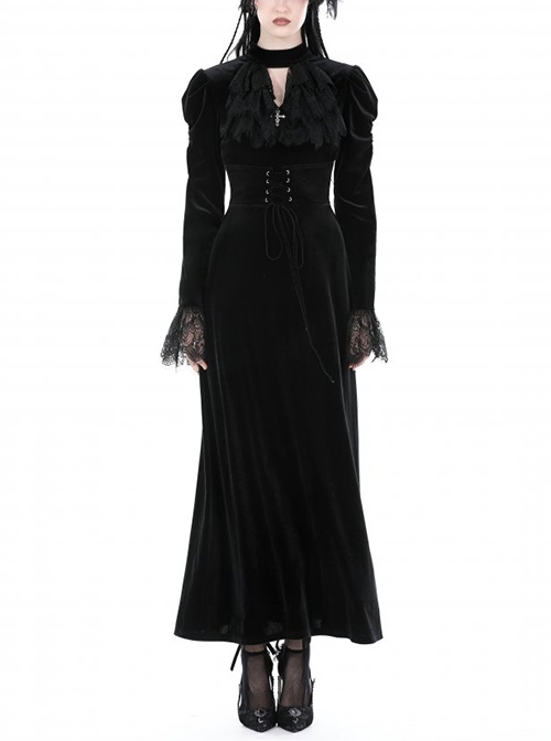 Black Soft Velvet With Metal Cross On The Chest Gothic Waist Long Sleeved Dress