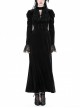 Black Soft Velvet With Metal Cross On The Chest Gothic Waist Long Sleeved Dress