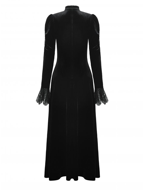 Black Soft Velvet With Metal Cross On The Chest Gothic Waist Long Sleeved Dress