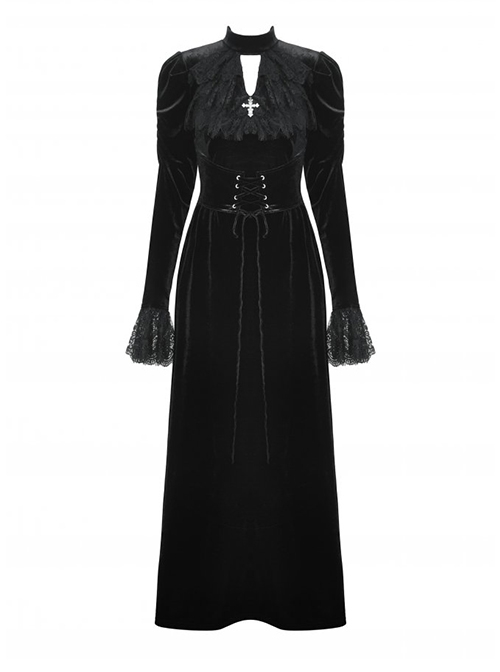 Black Soft Velvet With Metal Cross On The Chest Gothic Waist Long Sleeved Dress