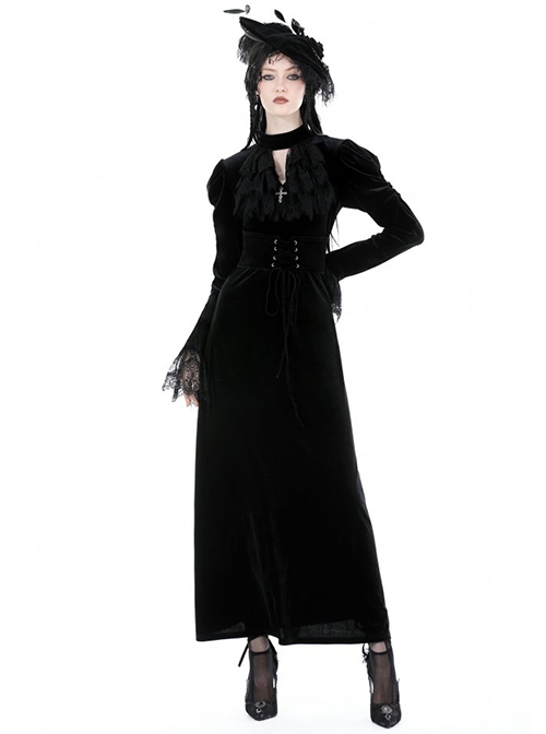 Black Soft Velvet With Metal Cross On The Chest Gothic Waist Long Sleeved Dress